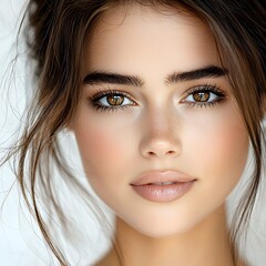 A sophisticated European model with deep brown eyes and flawless skin, looking directly at the camera. The white background enhances the clean, elegant beauty. Ultra-realistic, hyper-detailed, 