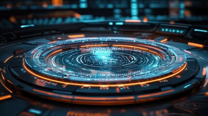 A glowing futuristic circular device with complex data visualizations displayed