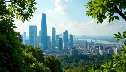 Elevated view, skyscrapers partially obscured by branches, background, perspective