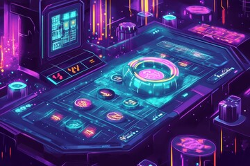 Futuristic digital game console with vibrant colors and glowing elements