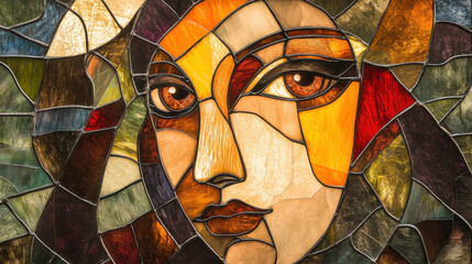A captivating stained glass representation of a sacred figure, depicted with an intense close-up focus on expressive eyes and divine radiance