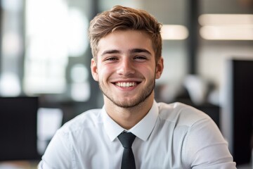 Obraz premium A cheerful young man in a corporate setting, smiling with success in the office or corporate young man smiling in office