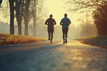 A health-conscious couple on a morning run, prioritizing fitness and well-being or careful about body fitness