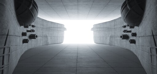 Abstract architectural minimalistic background. Contemporary showroom. Modern concrete exhibition tunnel. Empty gallery. Backlight. 3D illustration and rendering.