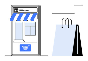 Digital storefront with striped awning, shopping cart button, and a paper shopping bag. Ideal for e-commerce, retail, digital marketing, online shopping, business growth, convenience consumer