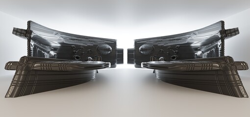 Luxury parametric abstract architectural minimalistic background. Contemporary showroom. Modern black exhibition tunnel. Empty gallery. Stand, table. Interior backlight. 3D illustration and rendering.