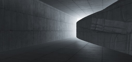 Abstract architectural minimalistic background. Contemporary showroom. Modern concrete exhibition tunnel. Empty gallery. Backlight. 3D illustration and rendering.