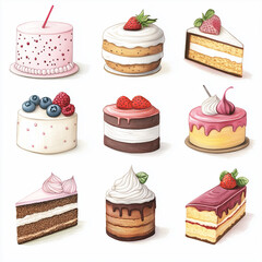 cake, cupcake, food, dessert, sweet, chocolate, vector, cream, birthday, strawberry, candy, bakery, set, illustration, cherry, cartoon, muffin, pattern, pastry, fruit, pie, party, sugar, cute, berry, 
