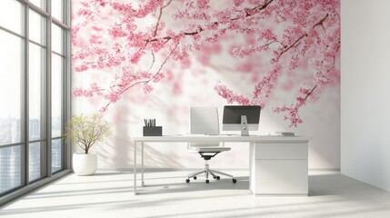 Modern office with cherry blossom wall mural, city view