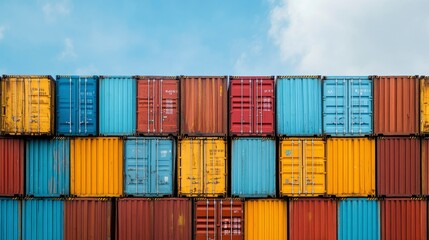 Fototapeta premium Colorful Stack of Shipping Containers Against a Blue Sky