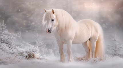 Majestic White Horse in a Snowy Winter Landscape – Elegant Icelandic Pony with Flowing Mane Standing in a Frosty Enchanted Forest