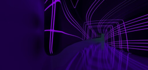 Abstract architectural minimalistic background. Laser show in the ultraviolet spectrum. Modern  impulse tunnel. Futuristic space sci-fi frame neon backlight. 3D illustration and rendering.