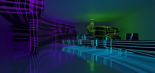 Abstract architectural minimalistic background. Laser show in the ultraviolet spectrum. Modern  impulse tunnel. Futuristic space sci-fi frame neon backlight. 3D illustration and rendering.