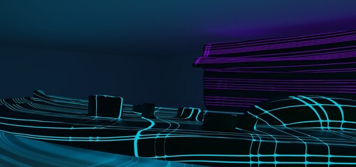 Abstract architectural minimalistic background. Laser show in the ultraviolet spectrum. Modern  impulse tunnel. Futuristic space sci-fi frame neon backlight. 3D illustration and rendering.