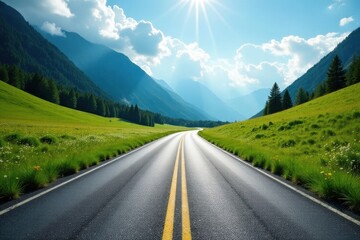 Fototapeta premium Asphalt road winding through a vibrant green valley, surrounded by majestic mountains under a bright sunny sky, promising an adventurous journey ahead