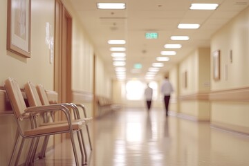 Hospital corridor with patient walking; soft focus background