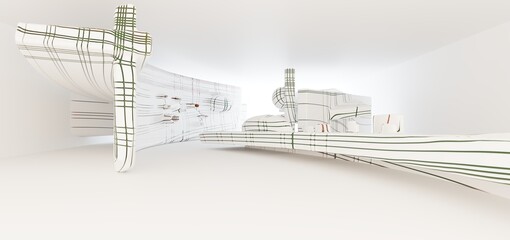 Luxury parametric abstract architectural minimalistic background. Contemporary showroom. Modern colored glass exhibition tunnel. Empty gallery. Backlight. 3D illustration and rendering.