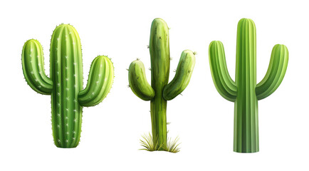 Three colorful, stylized cacti with unique shapes against a clean white background.