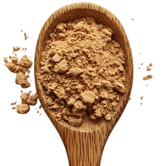 Red maca root powder loosely scattered in a wooden spoon.