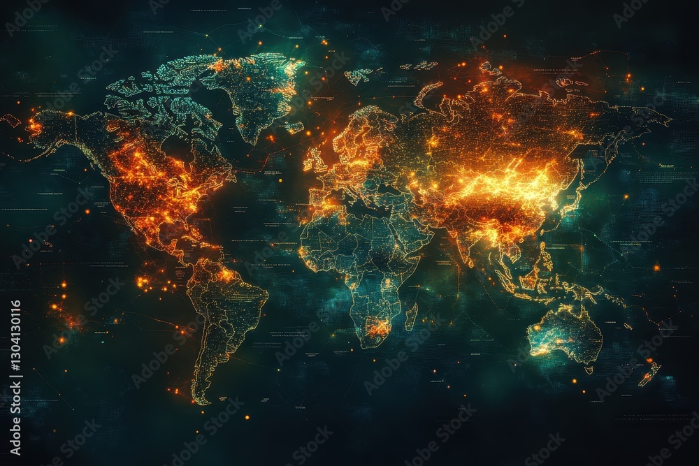 Poster a digital map with illuminated lines representing global communication and networks