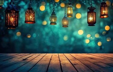 Illuminated lanterns hanging above wooden deck at night