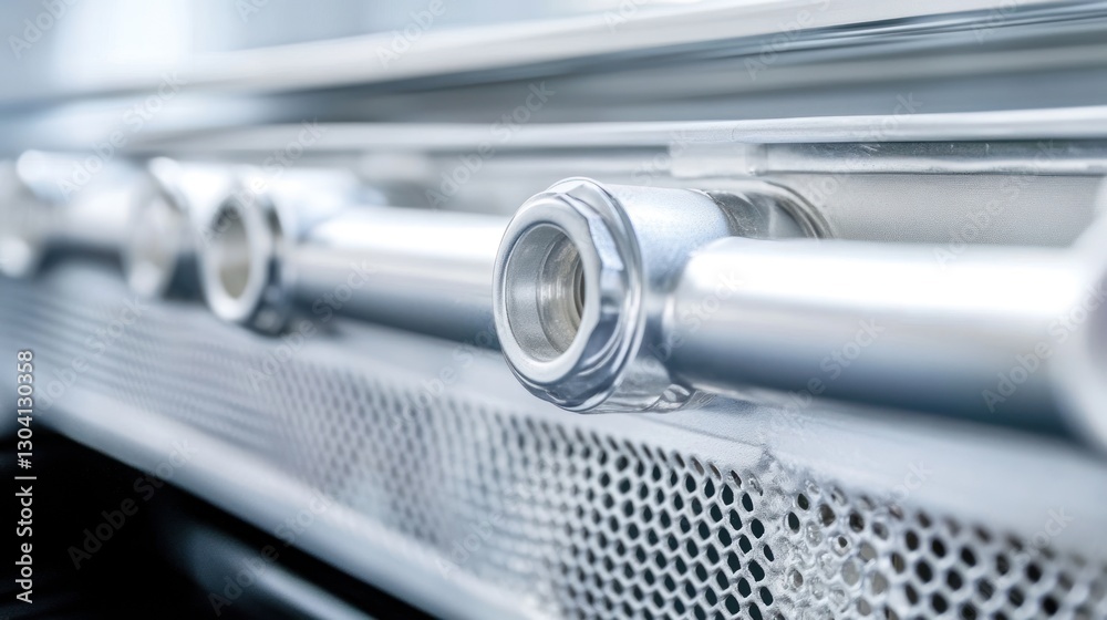 Poster Close-up of metallic ventilation system with circular vents and mesh grill.