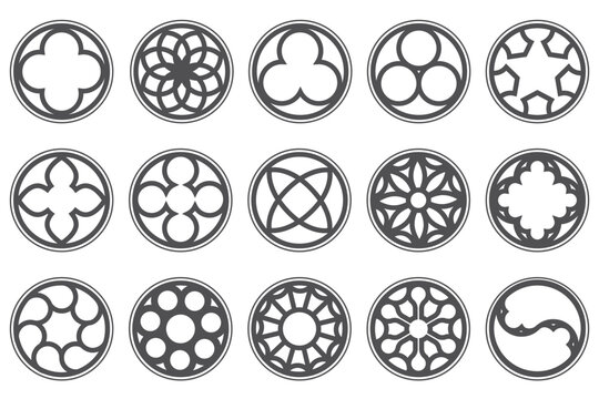 Naklejki Gothic circle rose window with medieval ornament. Cathedral rosette on white background. Christian architecture elements with stained glass. Radial vector frame.
