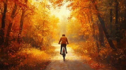 Tranquil Autumn Bike Ride Through Golden Leafy Forest Trail