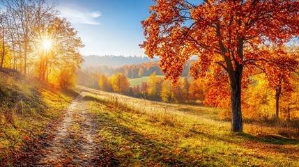 Obraz premium Vibrant Autumn Landscape with Red and Gold Trees at Sunrise