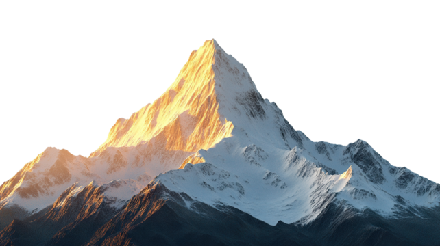 Snow-covered mountain peaks in sunset light, isolated on transparent cutout background
