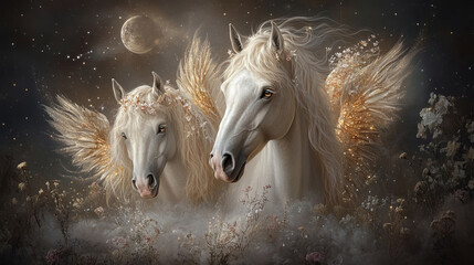 Ethereal Winged Horses Under a Starry Night Sky – Majestic White Pegasus with Golden Wings in a Dreamlike Fantasy Scene
