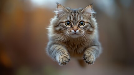 Obraz premium Whimsical Leap: A captivating portrait of a fluffy tabby cat in mid-air, captured against a blurred background, exuding playful energy and charm.