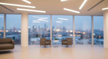 Fototapeta premium A clean white palette and geometric lighting are visible in a blurred modern office, with a cityscape view through large windows and empty desks