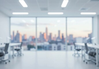Fototapeta premium A cityscape view through large windows highlights a blurred modern office with a clean white palette, geometric lighting, and empty desk spaces