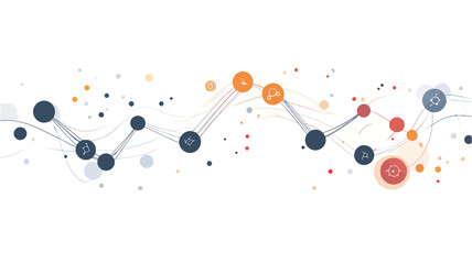 The image is an abstract illustration depicting a network of interconnected nodes.  The nodes are represented by circles of varying sizes and colors (dark gray/blue, orange/red) against a