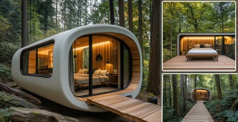 Fototapeta premium Modern Capsule Cabin in a Lush Forest Setting