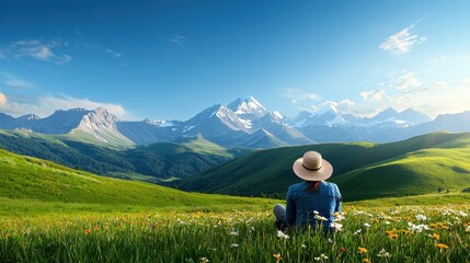 Fototapeta premium Serene landscape with a person enjoying mountain views.