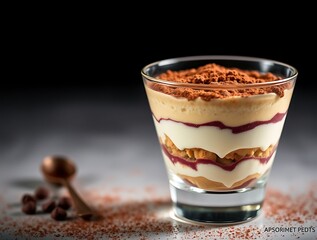 Gourmet Tiramisu Dessert in a Modern Glass, Dusted with Cocoa Powder for a Stylish and Indulgent Sweet Experience - dessert stock-image