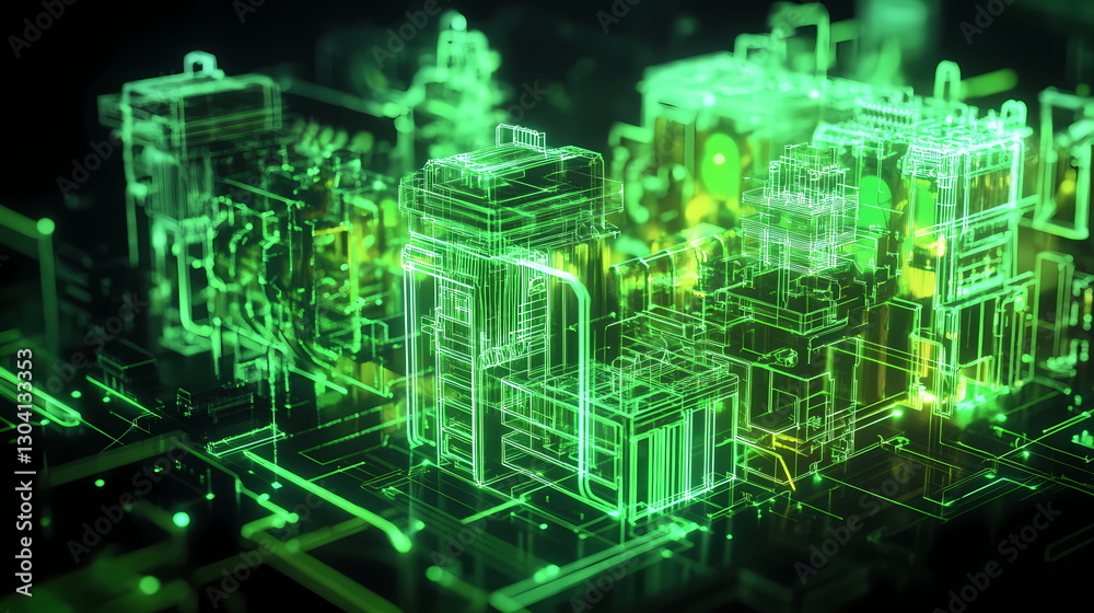 Poster futuristic green circuitry creating complex technological structures
