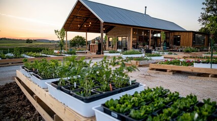 A serene agricultural scene featuring a modern farmhouse surrounded by neatly arranged planters filled with vibrant greenery at sunset.