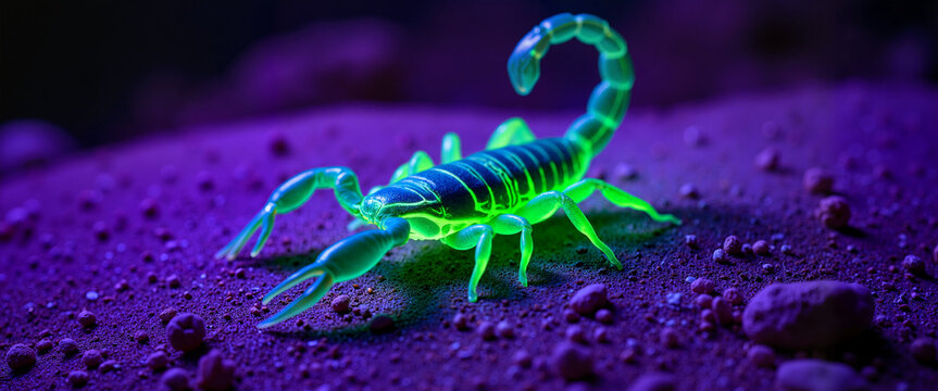 Glowing UV-reactive scorpion in desert at night, nature's wonders