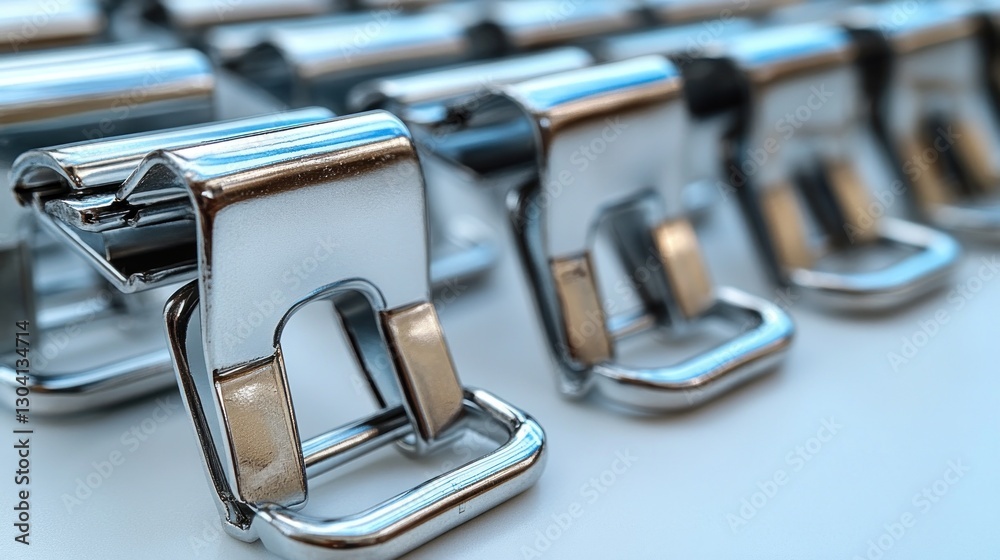 Aufkleber close-up of shiny metal fasteners arranged in rows on a white surface.