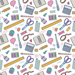 Seamless pattern with hand drawn doodle school supplies. Cute kids back to school on white background. Vector illustration