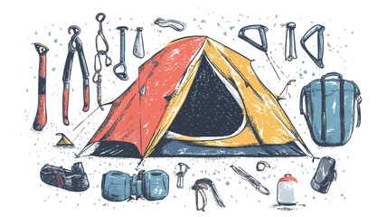 A hand-drawn illustration depicting a camping tent as the central element, surrounded by various camping equipment and tools. The style is loose and sketchy, with visible brushstrokes and