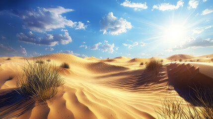 Cartoon desert landscape with golden sand dunes, mystical plants, and magical sky
