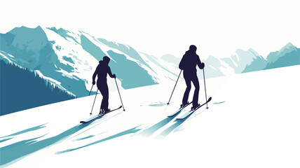 A vector illustration depicting two skiers cross-country skiing across a snowy landscape. The skiers are rendered as dark silhouettes against a backdrop of stylized, light-blue mountains.