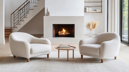 Cozy living room with fireplace, armchairs, and a coffee table