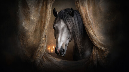 Elegant Black Horse Peering Through Golden Drapes in Candlelit Setting – Mystical and Dramatic Fine Art Photography