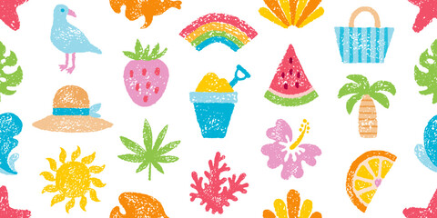Beach summer pattern. Sea seamless bg. Crayon element background with palm, sun, watermelon, straw hat, flower, shell, rainbow. Kid boho abstract travel seamless pattern. Crayon child summer sea beach