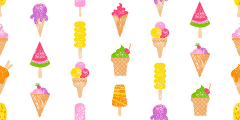 Ice cream pattern. Vector seamless background. Cute summer crayon icecream drawing. Sweet fruit cone. Watercolor popsicle gelato sundae seamless pattern with kid crayon texture. Ice cream bg design